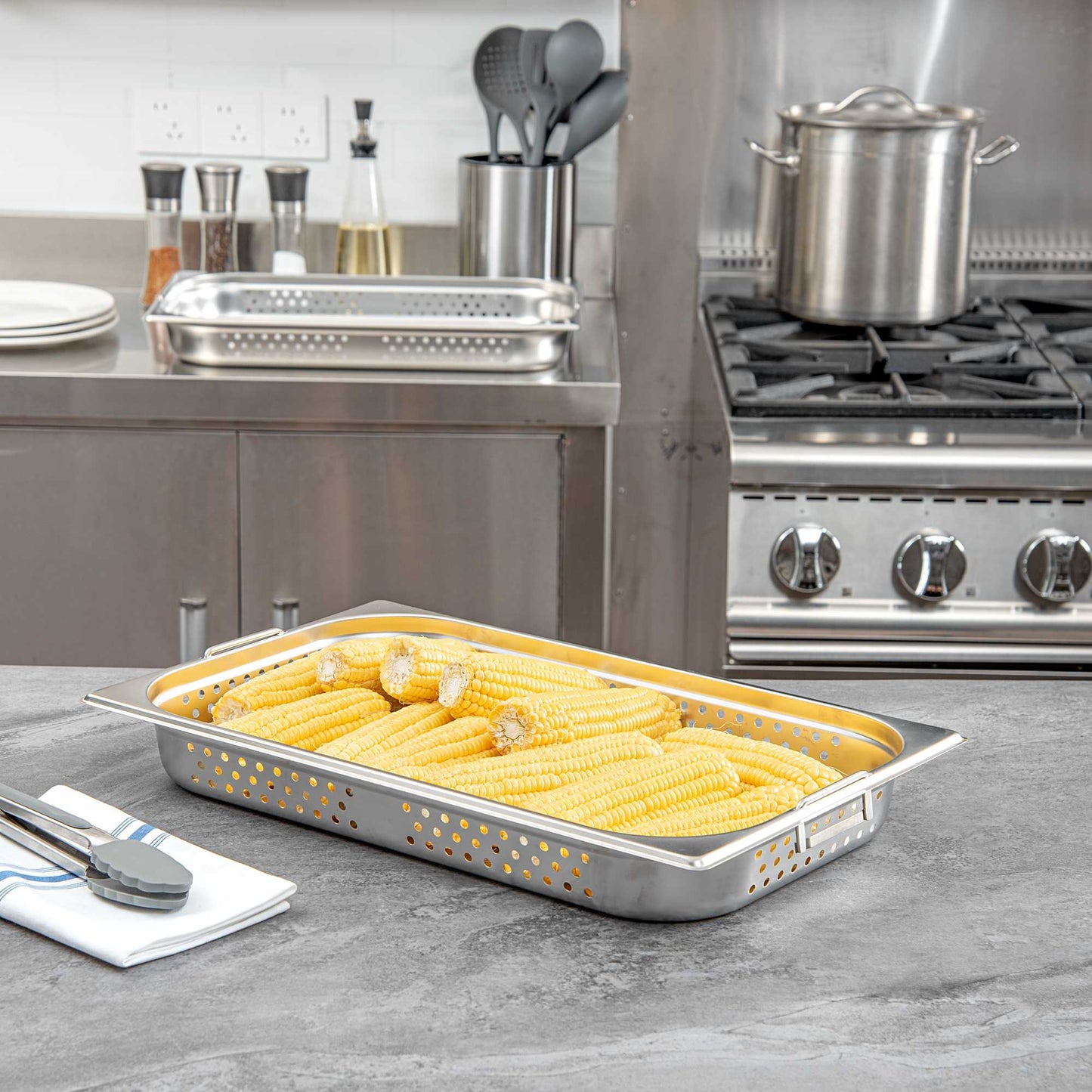 Met Lux Rectangle Stainless Steel Full Size Steam Table Pan 2.5 Inch Deep - Perforated, Anti Jam, Collapsible Handles - 1 count box