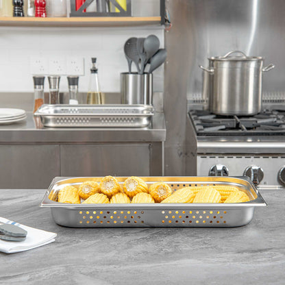 Met Lux Rectangle Stainless Steel Full Size Steam Table Pan 2.5 Inch Deep - Perforated, Anti Jam, Collapsible Handles - 1 count box