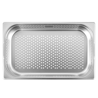 Met Lux Rectangle Stainless Steel Full Size Steam Table Pan 4 Inch Deep - Perforated, Anti Jam, Collapsible Handles - 1 count box