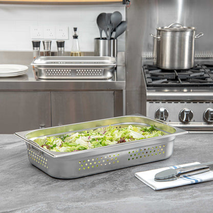 Met Lux Rectangle Stainless Steel Full Size Steam Table Pan 4 Inch Deep - Perforated, Anti Jam, Collapsible Handles - 1 count box
