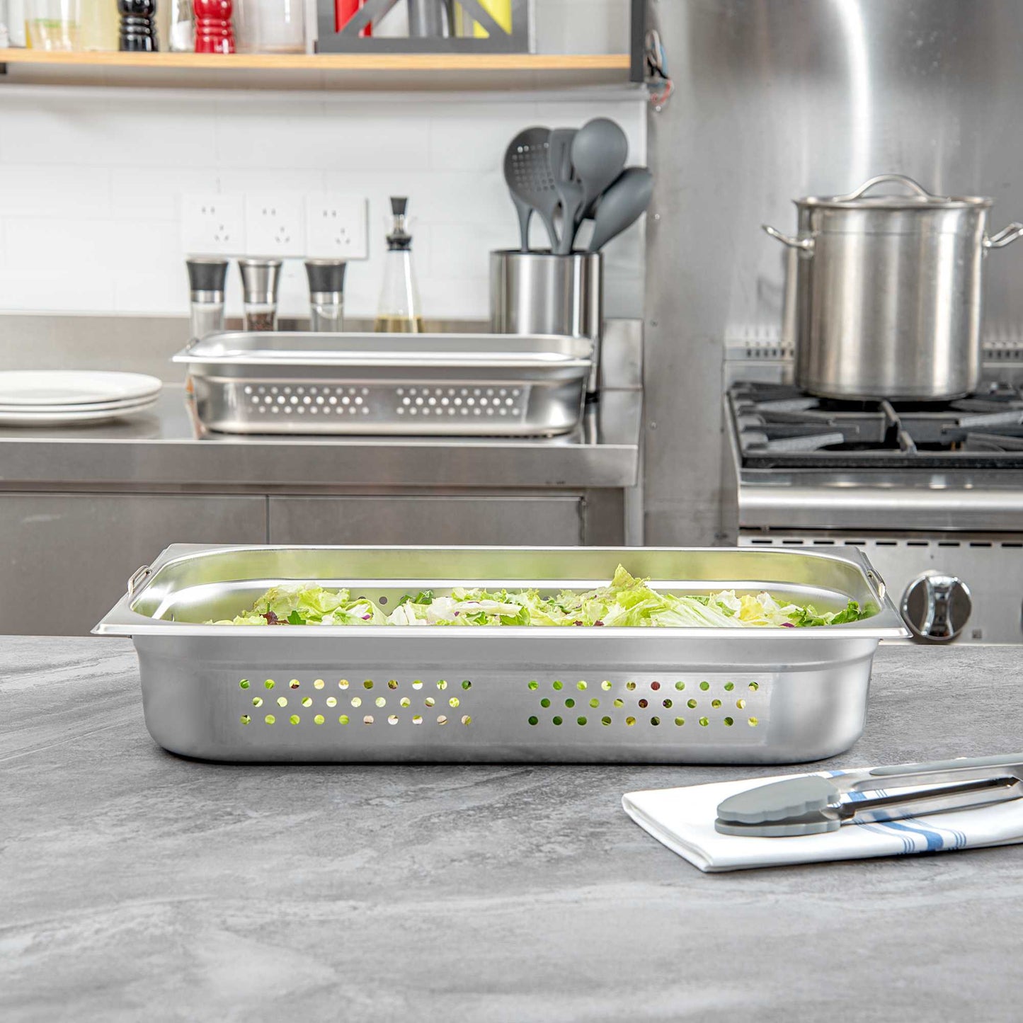 Met Lux Rectangle Stainless Steel Full Size Steam Table Pan 4 Inch Deep - Perforated, Anti Jam, Collapsible Handles - 1 count box