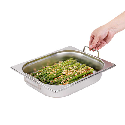 Met Lux Rectangle Stainless Steel 1/2 Size Steam Table Pan 2.5 Inch Deep - Anti Jam, Collapsible Handles - 1 count box