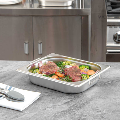 Met Lux Rectangle Stainless Steel 1/2 Size Steam Table Pan 2.5 Inch Deep - Anti Jam, Collapsible Handles - 1 count box