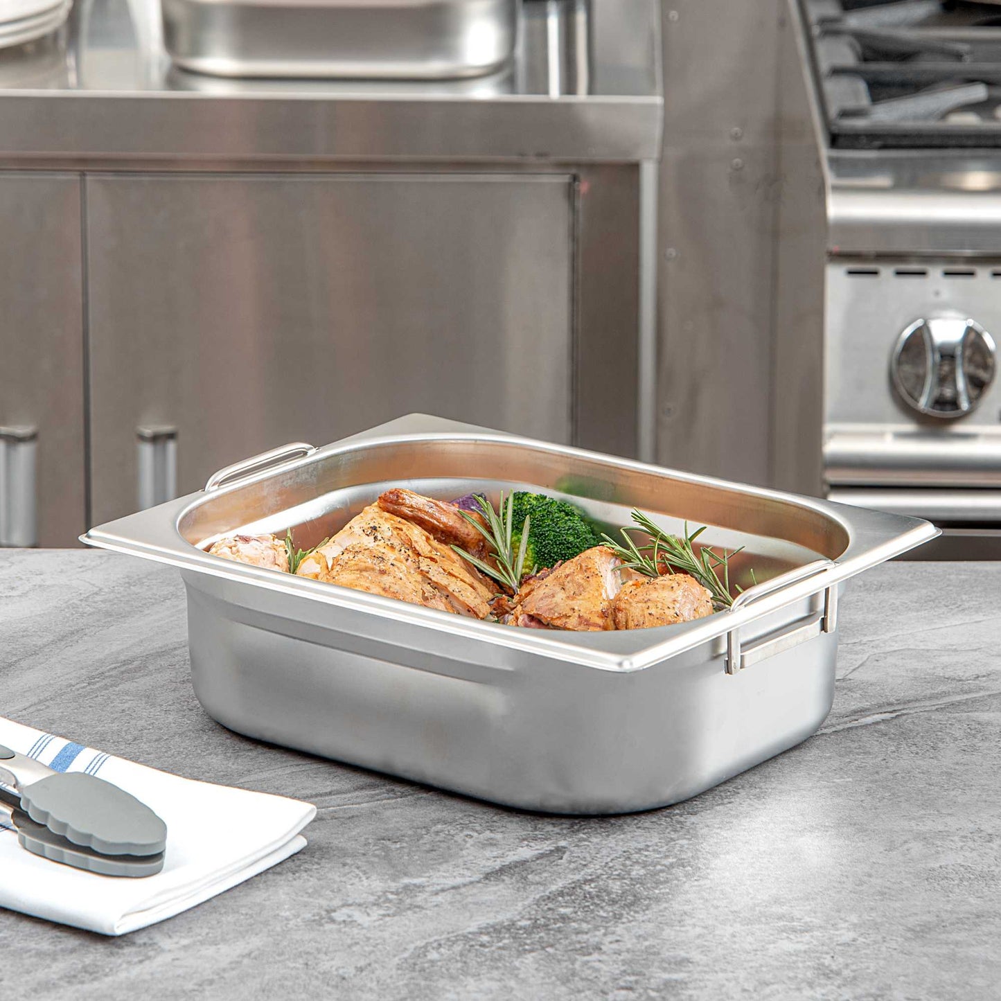 Met Lux Rectangle Stainless Steel 1/2 Size Steam Table Pan 4 Inch Deep - Anti Jam, Collapsible Handles - 1 count box