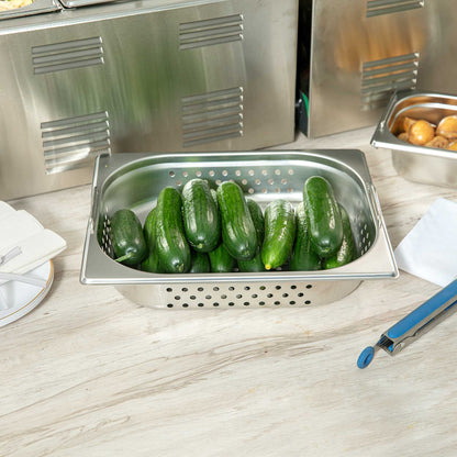 Met Lux Rectangle Stainless Steel 1/2 Size Steam Table Pan 2.5 Inch Deep - Perforated, Anti Jam, Collapsible Handles - 1 count box
