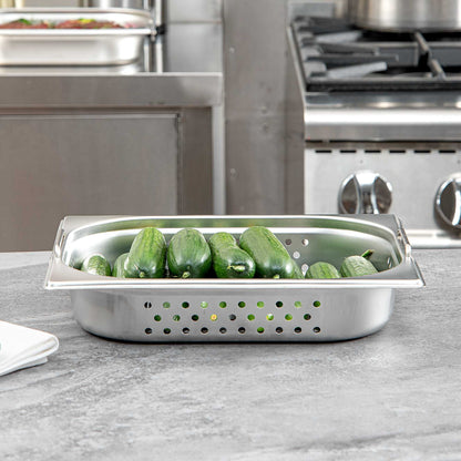Met Lux Rectangle Stainless Steel 1/2 Size Steam Table Pan 2.5 Inch Deep - Perforated, Anti Jam, Collapsible Handles - 1 count box