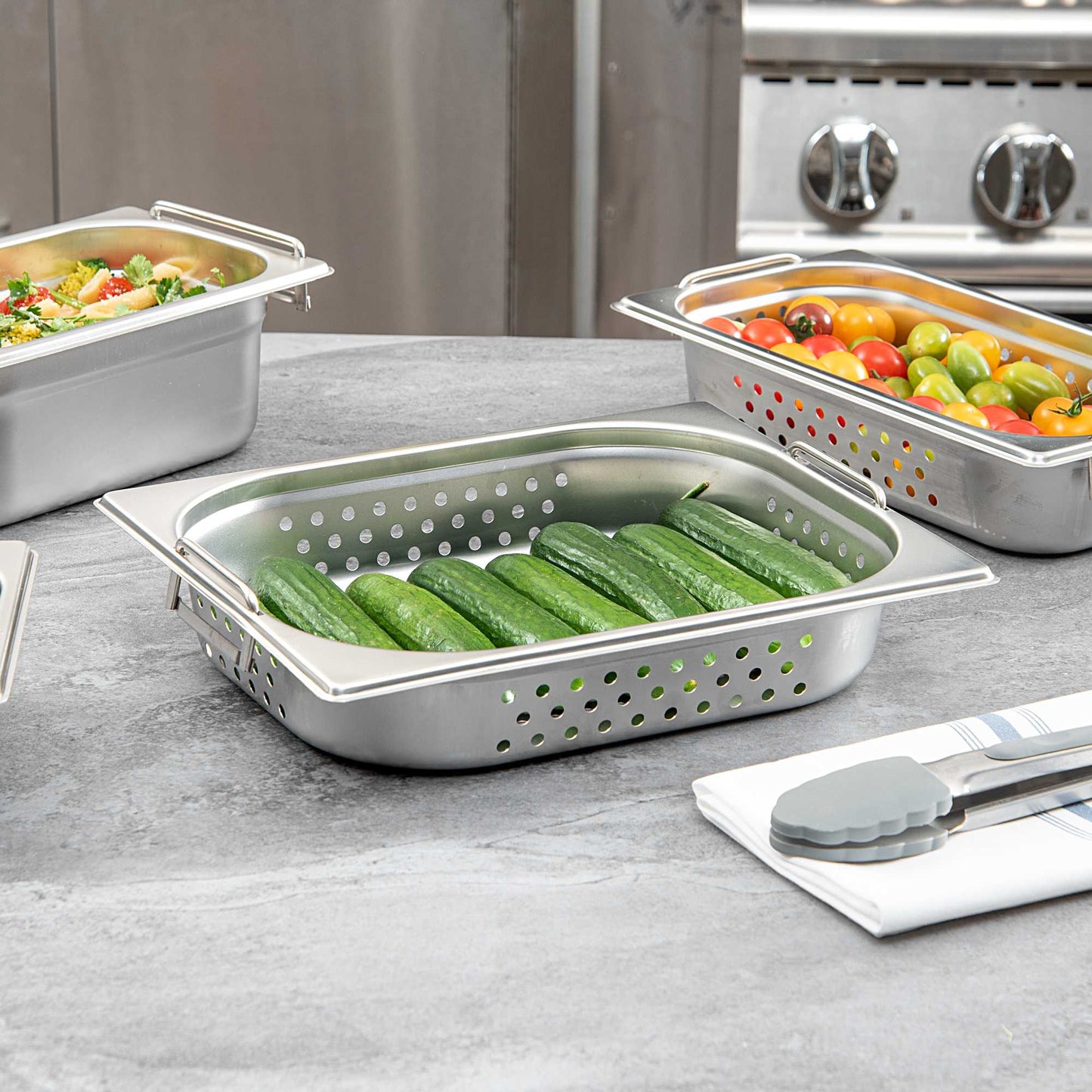 Met Lux Rectangle Stainless Steel 1/2 Size Steam Table Pan 2.5 Inch Deep - Perforated, Anti Jam, Collapsible Handles - 1 count box