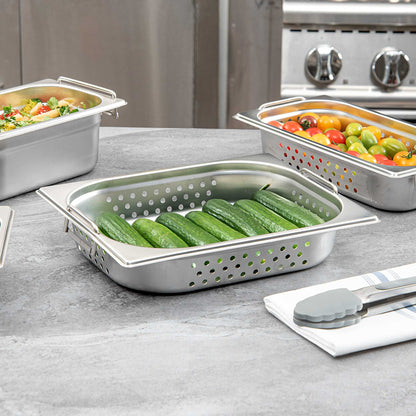 Met Lux Rectangle Stainless Steel 1/2 Size Steam Table Pan 2.5 Inch Deep - Perforated, Anti Jam, Collapsible Handles - 1 count box