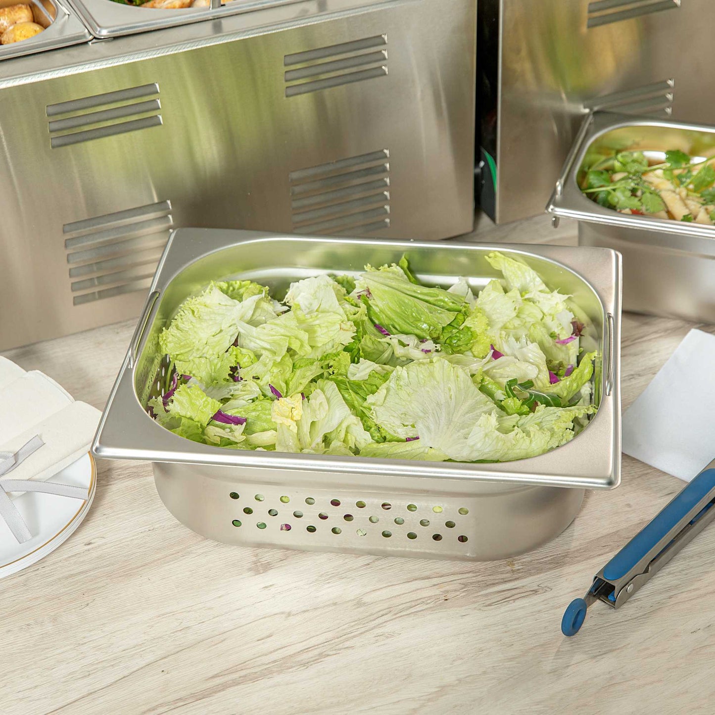 Met Lux Rectangle Stainless Steel 1/2 Size Steam Table Pan 4 Inch Deep - Perforated, Anti Jam, Collapsible Handles - 1 count box