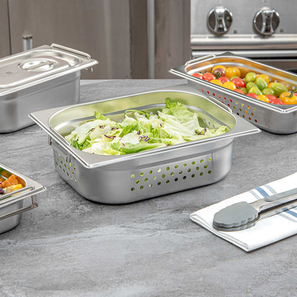 Met Lux Rectangle Stainless Steel 1/2 Size Steam Table Pan 4 Inch Deep - Perforated, Anti Jam, Collapsible Handles - 1 count box