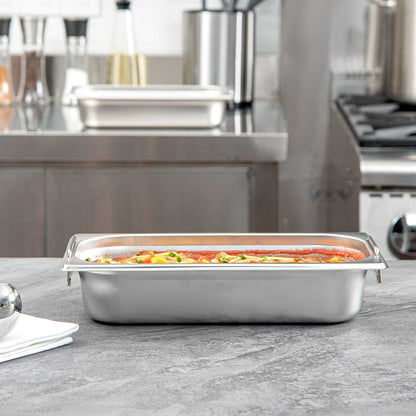 Met Lux Rectangle Stainless Steel 1/3 Size Steam Table Pan 2.5 Inch Deep - Anti Jam, Collapsible Handles - 1 count box