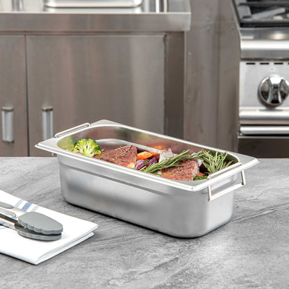Met Lux Rectangle Stainless Steel 1/3 Size Steam Table Pan 4 Inch Deep - Anti Jam, Collapsible Handles - 1 count box