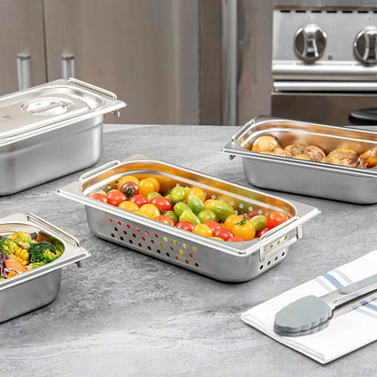 Met Lux Rectangle Stainless Steel 1/3 Size Steam Table Pan 2.5 Inch Deep - Perforated, Anti Jam, Collapsible Handles - 1 count box