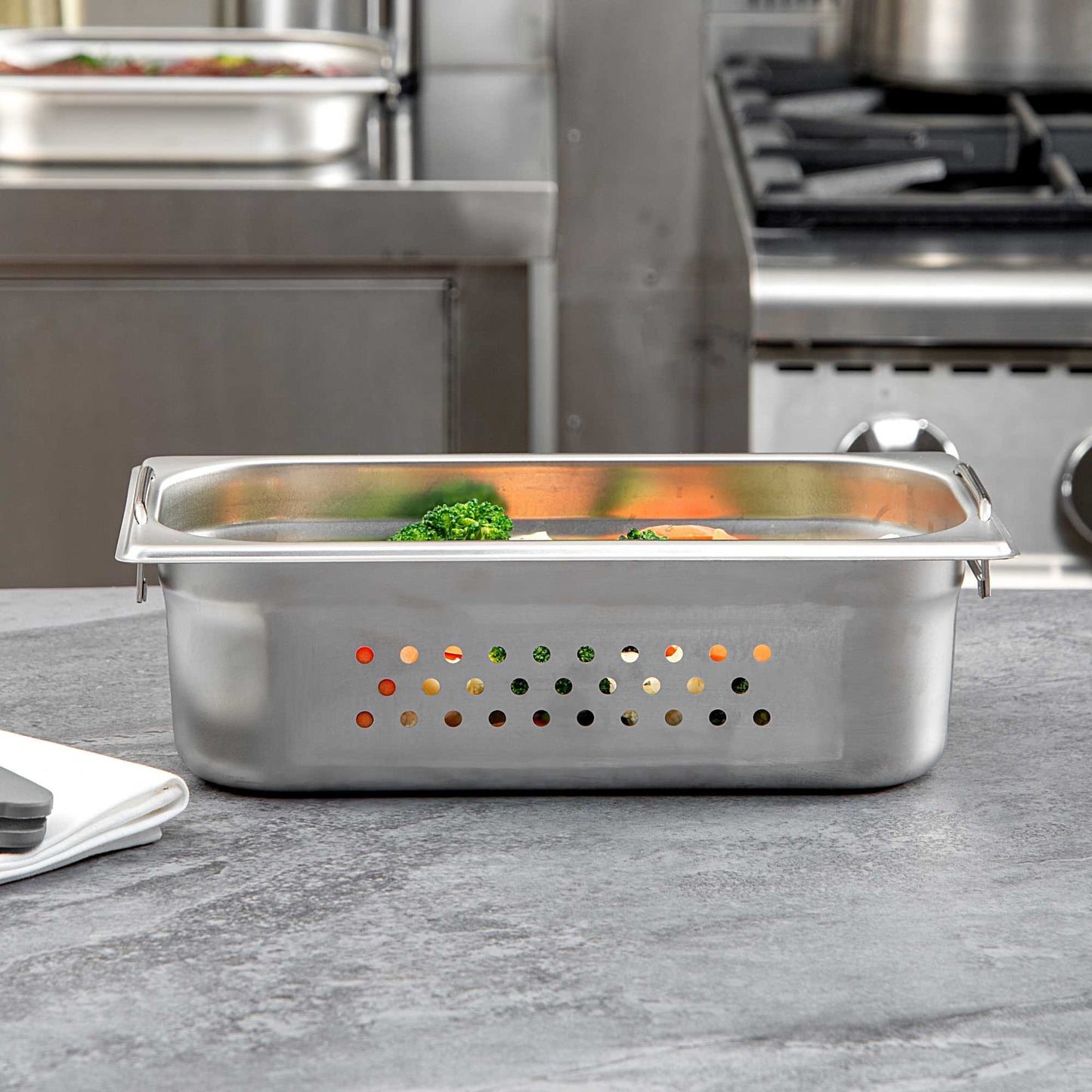 Met Lux Rectangle Stainless Steel 1/3 Size Steam Table Pan 4 Inch Deep - Perforated, Anti Jam, Collapsible Handles - 1 count box