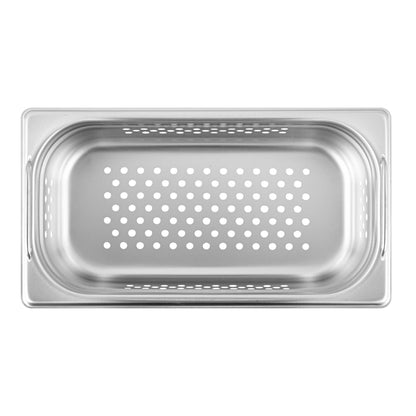 Met Lux Rectangle Stainless Steel 1/3 Size Steam Table Pan 4 Inch Deep - Perforated, Anti Jam, Collapsible Handles - 1 count box
