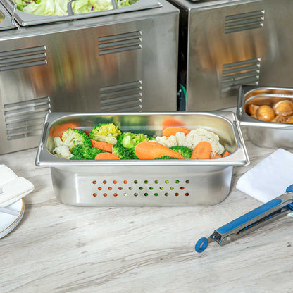 Met Lux Rectangle Stainless Steel 1/3 Size Steam Table Pan 4 Inch Deep - Perforated, Anti Jam, Collapsible Handles - 1 count box