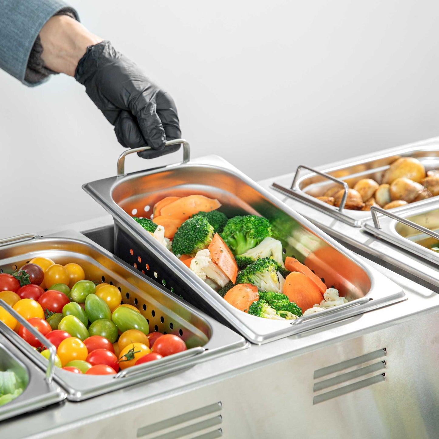 Met Lux Rectangle Stainless Steel 1/3 Size Steam Table Pan 4 Inch Deep - Perforated, Anti Jam, Collapsible Handles - 1 count box