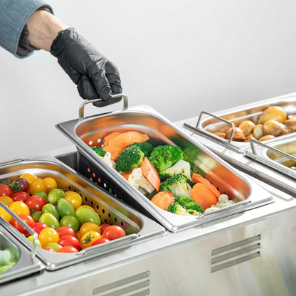 Met Lux Rectangle Stainless Steel 1/3 Size Steam Table Pan 4 Inch Deep - Perforated, Anti Jam, Collapsible Handles - 1 count box
