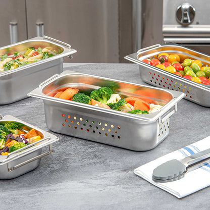 Met Lux Rectangle Stainless Steel 1/3 Size Steam Table Pan 4 Inch Deep - Perforated, Anti Jam, Collapsible Handles - 1 count box