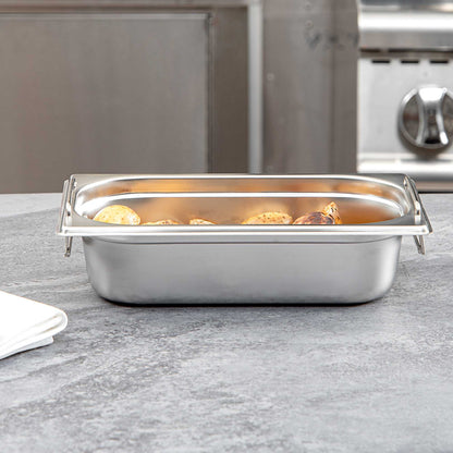 Met Lux Rectangle Stainless Steel 1/4 Size Steam Table Pan - 2.5 Inch Deep - Anti Jam, Collapsible Handles - 1 count box