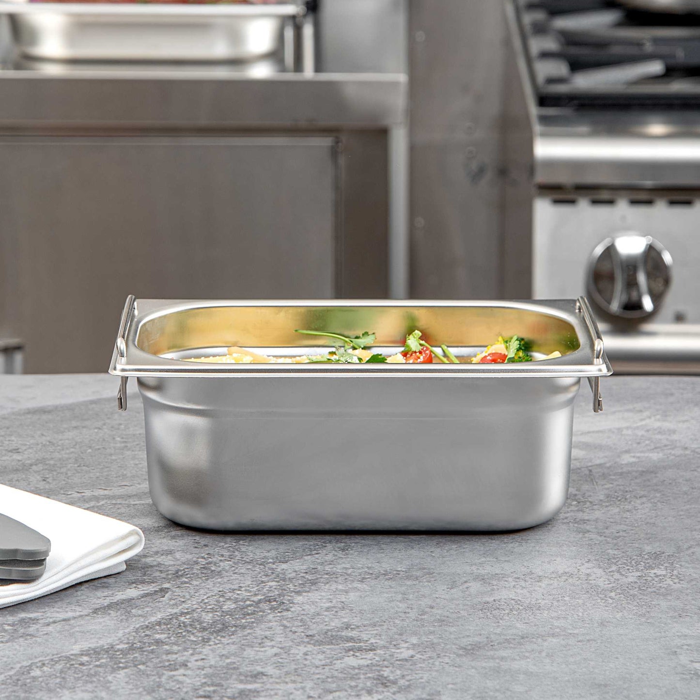 Met Lux Rectangle Stainless Steel 1/4 Size Steam Table Pan - 4 Inch Deep - Anti Jam, Collapsible Handles - 1 count box