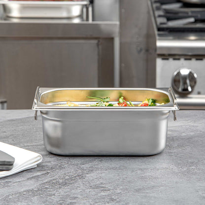 Met Lux Rectangle Stainless Steel 1/4 Size Steam Table Pan - 4 Inch Deep - Anti Jam, Collapsible Handles - 1 count box