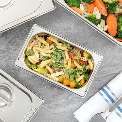 Met Lux Rectangle Stainless Steel 1/4 Size Steam Table Pan - 4 Inch Deep - Anti Jam, Collapsible Handles - 1 count box