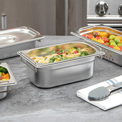 Met Lux Rectangle Stainless Steel 1/4 Size Steam Table Pan - 4 Inch Deep - Anti Jam, Collapsible Handles - 1 count box