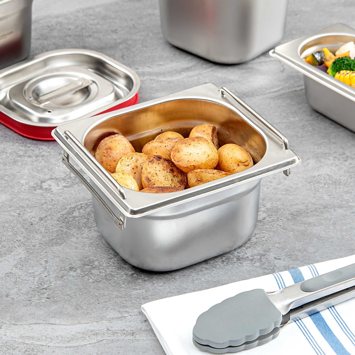 Met Lux Rectangle Stainless Steel 1/6 Size Steam Table Pan 4 Inch Deep - Anti Jam, Collapsible Handles - 1 count box