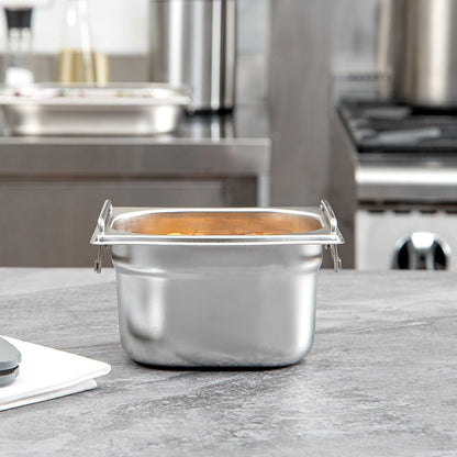 Met Lux Rectangle Stainless Steel 1/6 Size Steam Table Pan 4 Inch Deep - Anti Jam, Collapsible Handles - 1 count box