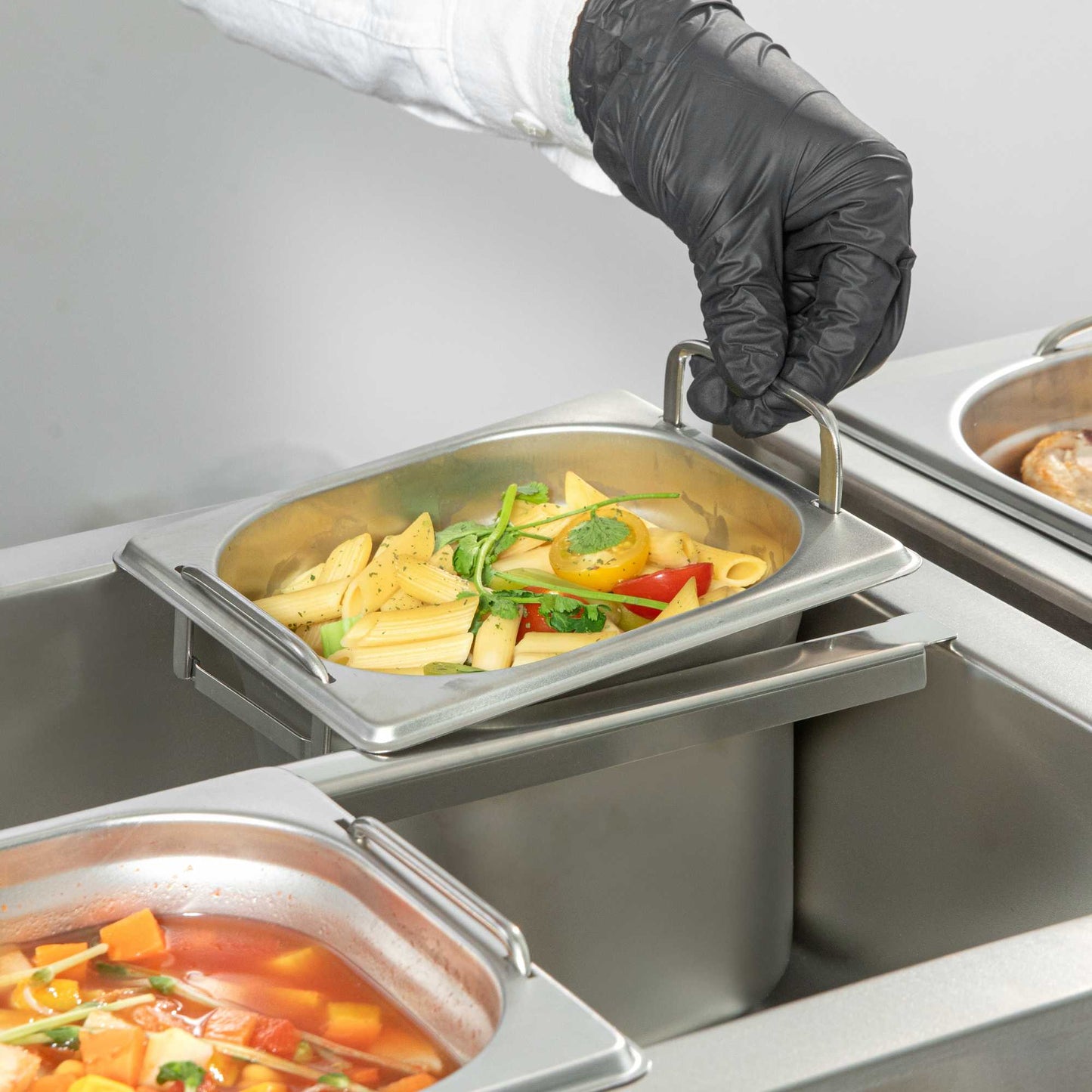 Met Lux Rectangle Stainless Steel 1/6 Size Steam Table Pan - Anti Jam, Collapsible Handles - 1 count box