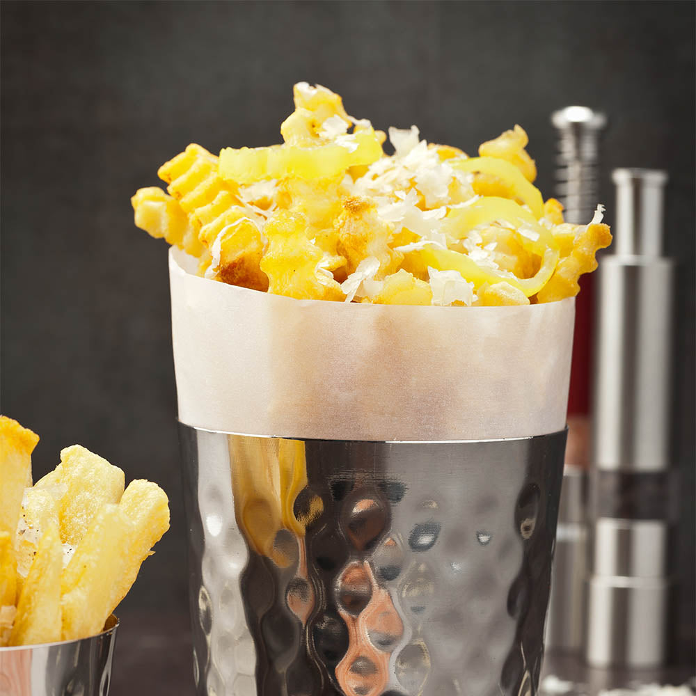 Met Lux Stainless Steel French Fry Cup - Hammered, Mirrored Finish - 3 1/2" x 3 1/2" - 1 count box