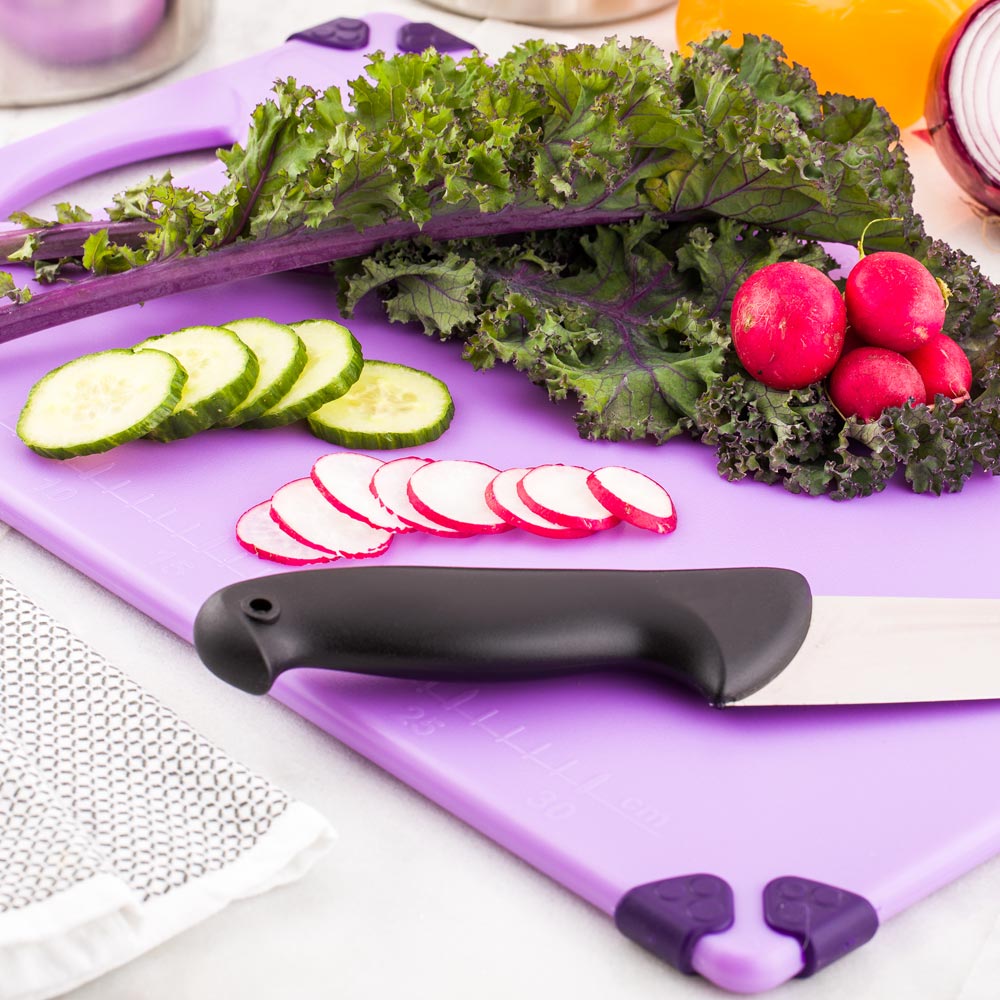 Sure Grip Purple Plastic Cutting Board - Allergen Safe, Non-Slip, Measurement Markers, Carrying Handle - 12" x 18" - 1 count box