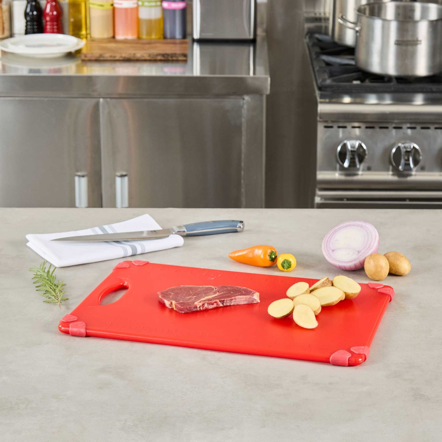 Sure Grip Red Plastic Cutting Board - Non-Slip, Measurement Markers, Carrying Handle - 12" x 18" - 1 count box