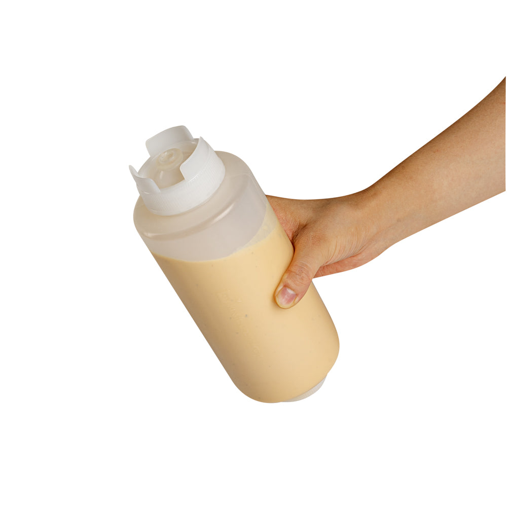 First In First Out 32 oz Clear Plastic Squeeze Bottle - Inverted, Refill & Dispensing Lid - 3 1/2" x 3 1/2" x 9" - 6 count box
