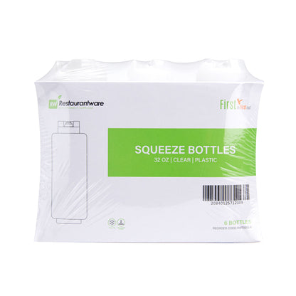 First In First Out 32 oz Clear Plastic Squeeze Bottle - Inverted, Refill & Dispensing Lid - 3 1/2" x 3 1/2" x 9" - 6 count box