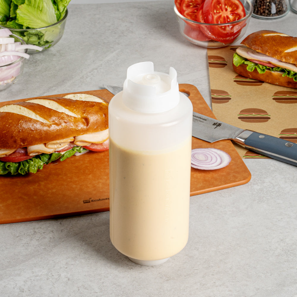 First In First Out 32 oz Clear Plastic Squeeze Bottle - Inverted, Refill & Dispensing Lid - 3 1/2" x 3 1/2" x 9" - 6 count box