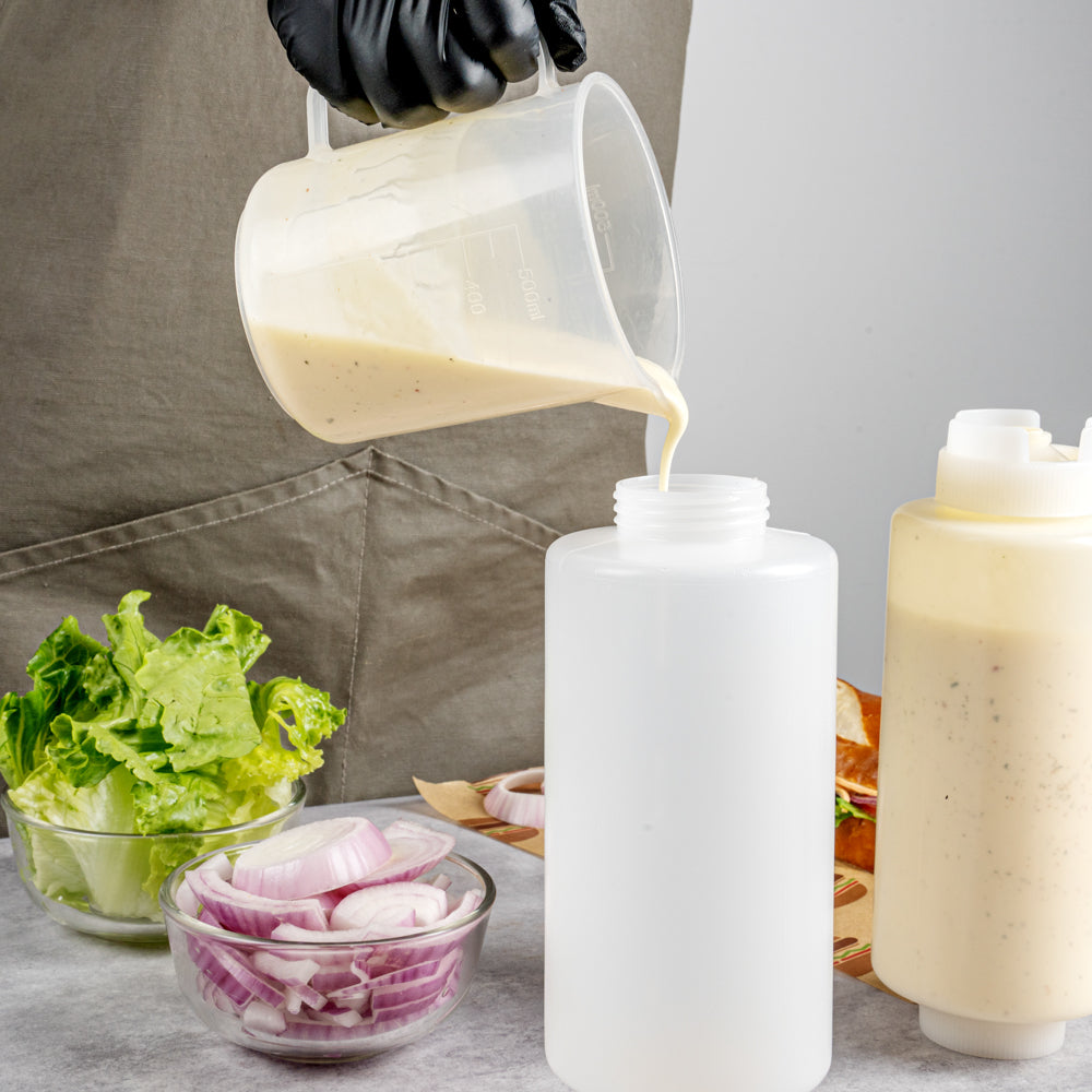 First In First Out 32 oz Clear Plastic Squeeze Bottle - Inverted, Refill & Dispensing Lid - 3 1/2" x 3 1/2" x 9" - 6 count box