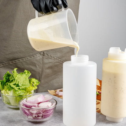 First In First Out 32 oz Clear Plastic Squeeze Bottle - Inverted, Refill & Dispensing Lid - 3 1/2" x 3 1/2" x 9" - 6 count box