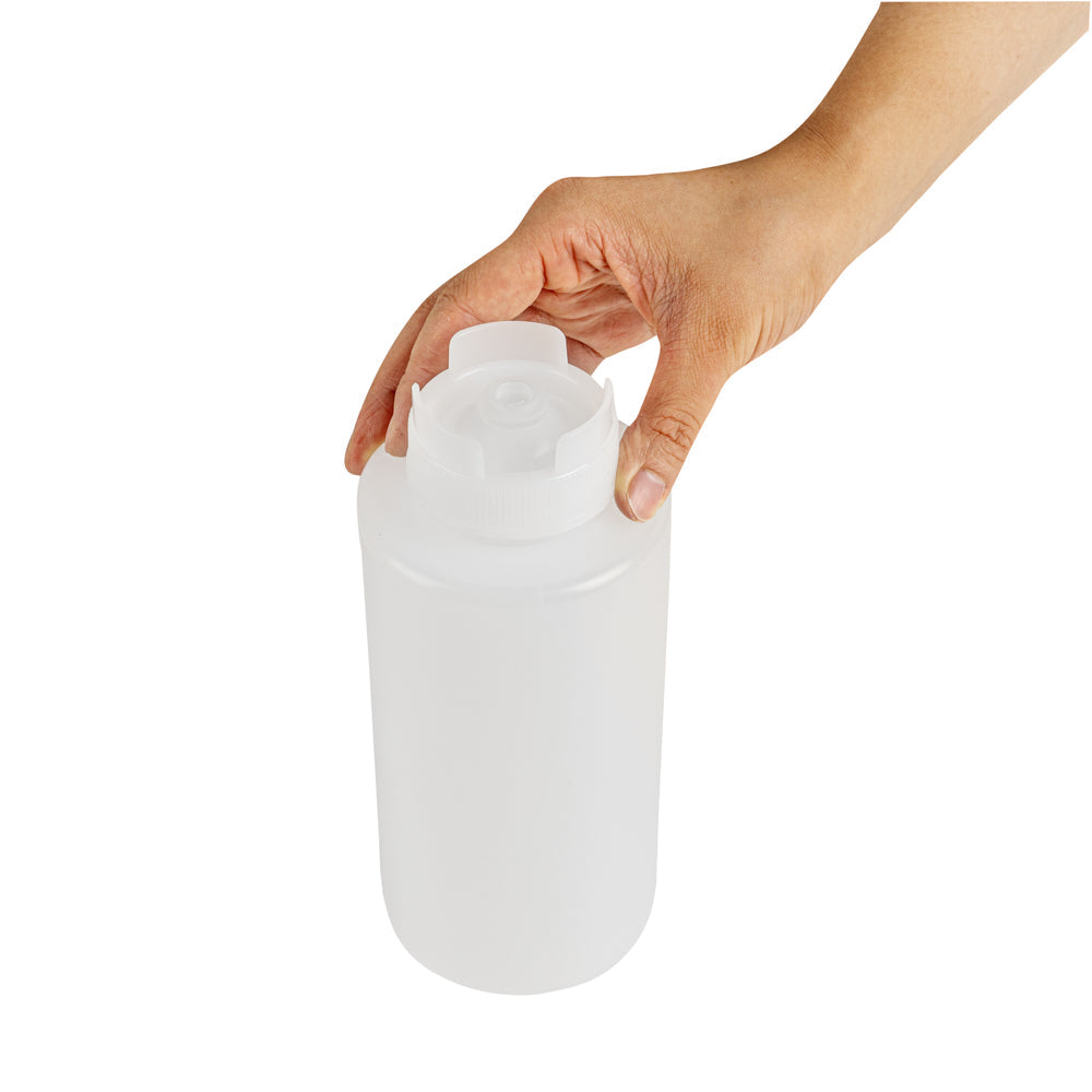 First In First Out 32 oz Clear Plastic Squeeze Bottle - Inverted, Refill & Dispensing Lid - 3 1/2" x 3 1/2" x 9" - 1 count box