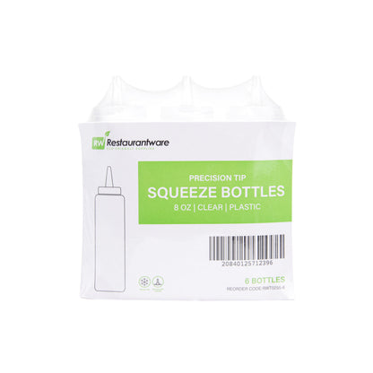 Sauce Tek 8 oz Clear Plastic Squeeze Bottle - Precision Tip - 2" x 2" x 7" - 6 count box