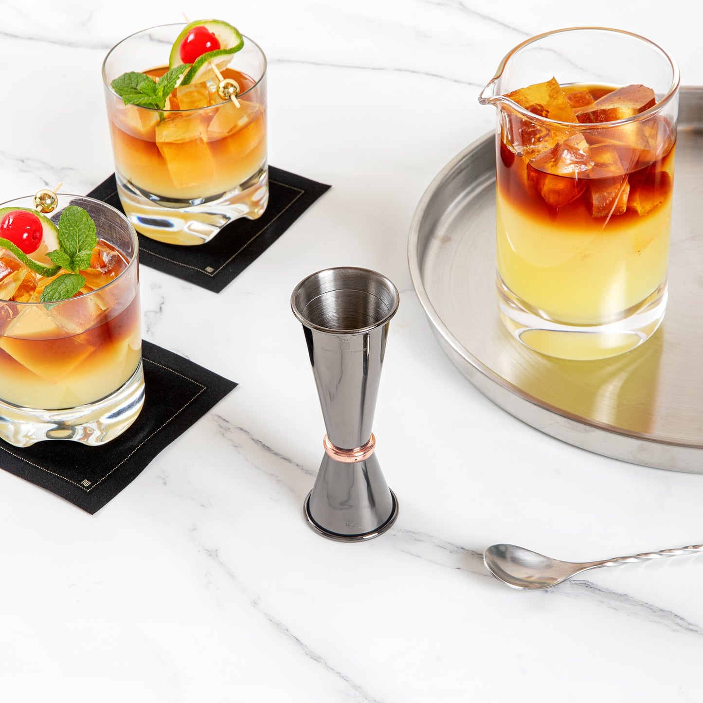 Bar Lux 1 oz / 2 oz Black-Plated Stainless Steel Jigger - Japanese Style, Copper-Plated Ring - 1 count box
