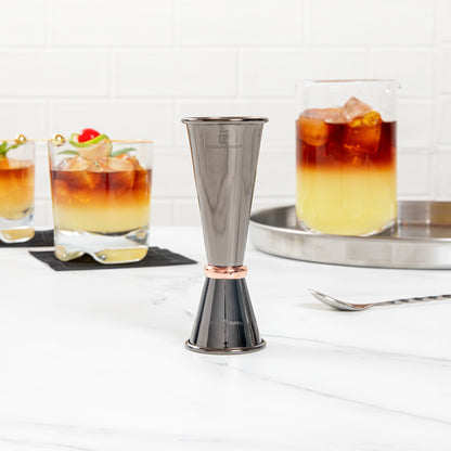 Bar Lux 1 oz / 2 oz Black-Plated Stainless Steel Jigger - Japanese Style, Copper-Plated Ring - 1 count box