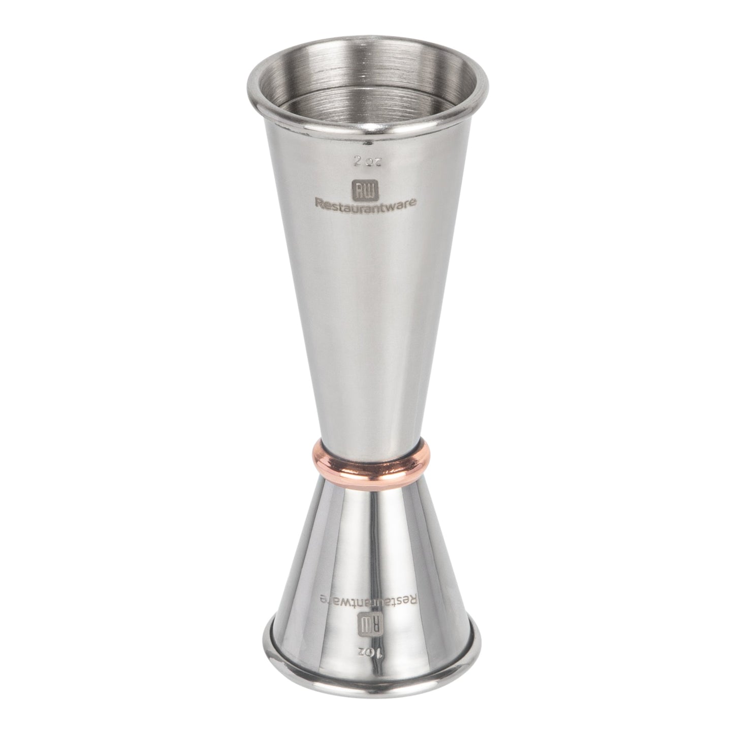Bar Lux 1 oz / 2 oz Stainless Steel Jigger - Japanese Style, Mirrored Finish, Copper-Plated Ring - 1 count box