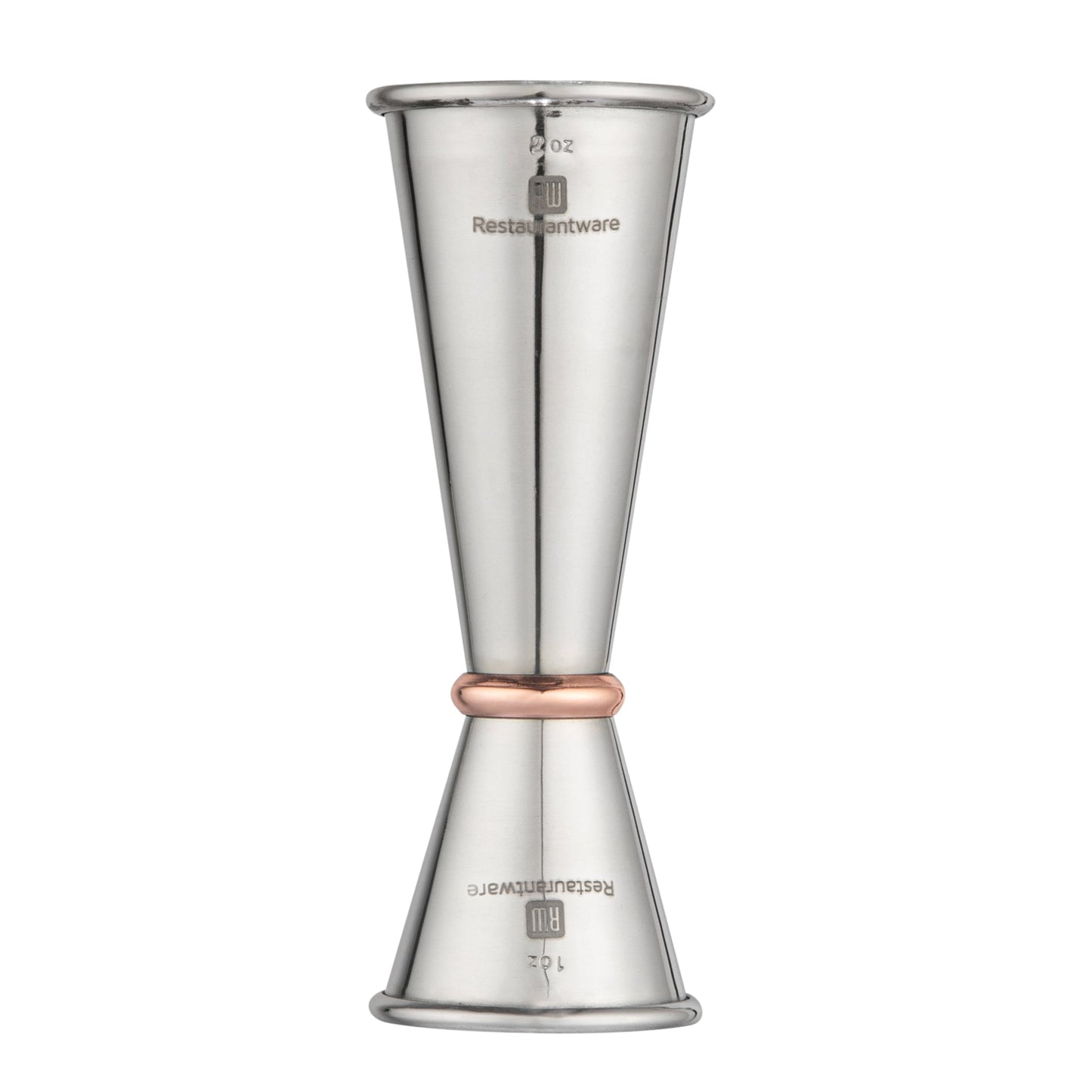 Bar Lux 1 oz / 2 oz Stainless Steel Jigger - Japanese Style, Mirrored Finish, Copper-Plated Ring - 1 count box