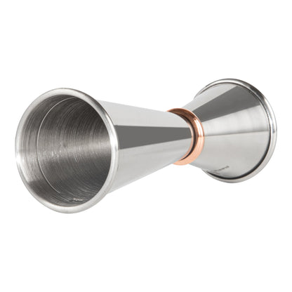 Bar Lux 1 oz / 2 oz Stainless Steel Jigger - Japanese Style, Mirrored Finish, Copper-Plated Ring - 1 count box