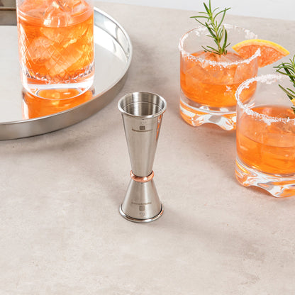 Bar Lux 1 oz / 2 oz Stainless Steel Jigger - Japanese Style, Mirrored Finish, Copper-Plated Ring - 1 count box