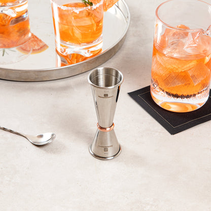Bar Lux 1 oz / 2 oz Stainless Steel Jigger - Japanese Style, Mirrored Finish, Copper-Plated Ring - 1 count box