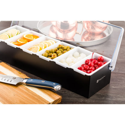 Bar Lux Black Stainless Steel Condiment Caddy - 6 Plastic Inserts - 18" x 5 3/4" x 4" - 1 count box