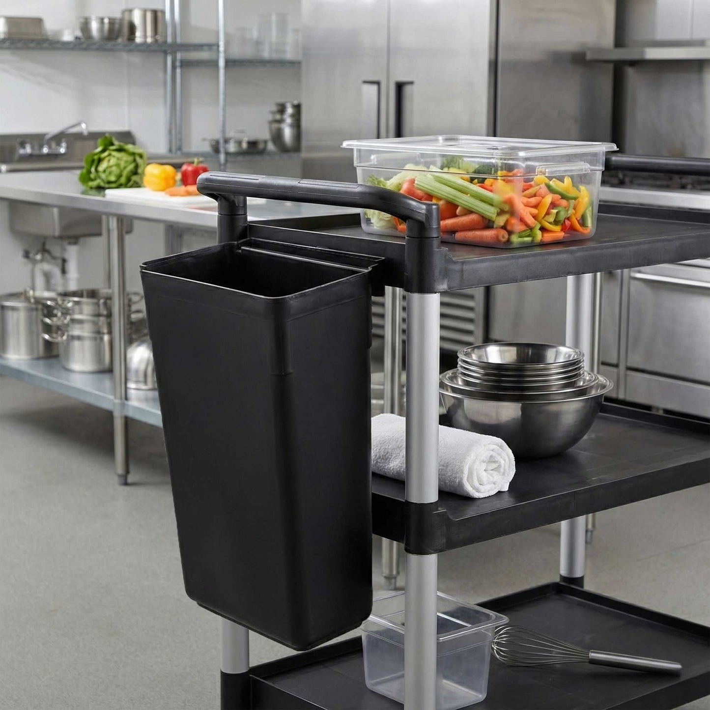 RW Clean Black Plastic Attachable Slim Trash Can - Fits Heavy-Duty Rolling Utility Cart - 13" x 9 1/2" x 22" - 1 count box